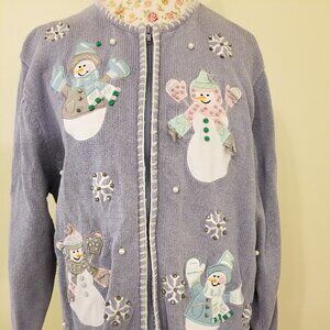 Snowman and Snow flakes Holiday Zipper Cardigan by Crystal Kobe Size L